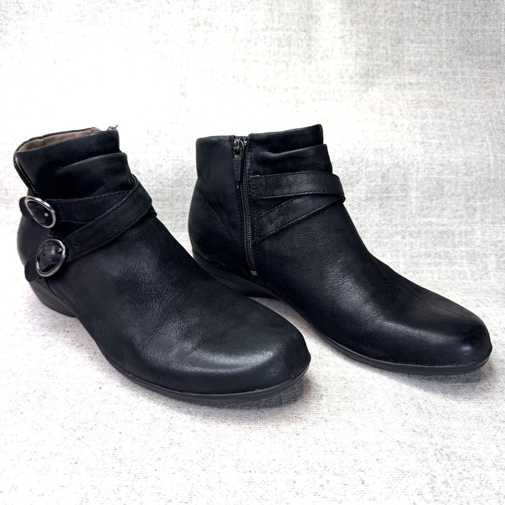 Dansko Faithe Ankle Boots Black Burnished Leather Buckle Straps Size 39 Comfort